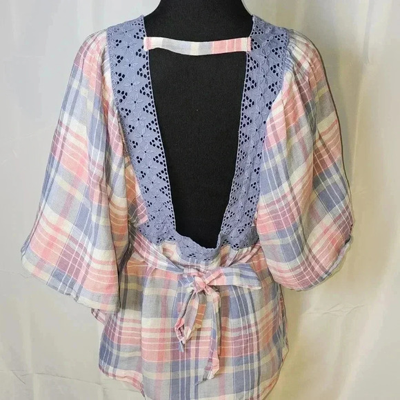 Free People Boho,Plaid/Lace Open Back Cottagecore Batwing Blouse XS - Picture 5 of 12